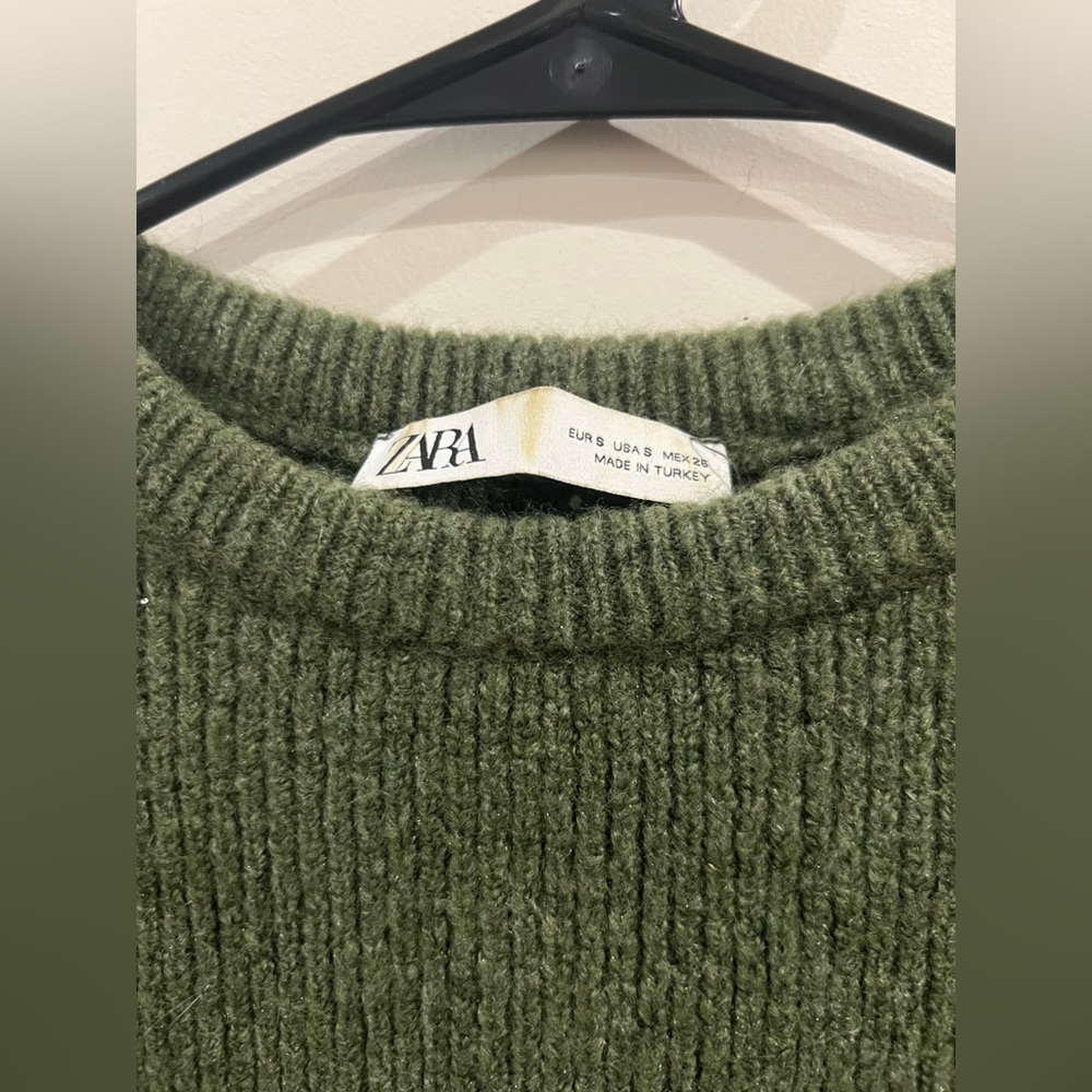 Zara Olive Green Ribbed Crop Sweater - Picture 2 of 5
